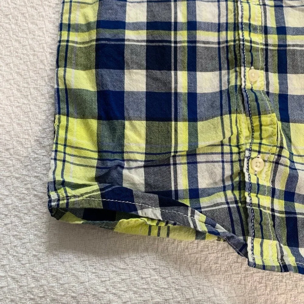 5/$25 Carter's‎ Toddler Boys 4T Plaid Button Down Shirt Navy Lime Green Dinosaur